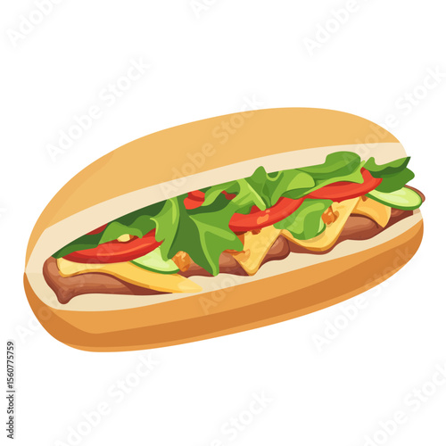 Flat 2D Banh Mi illustration, vector graphic in icon style, on white background