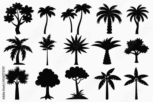 Collection of black silhouette tropical trees and plants