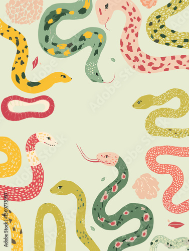 Colorful illustration of various snakes on light background  