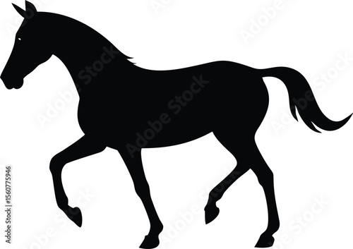 Elegant black silhouette of a horse walking with graceful movement on white background