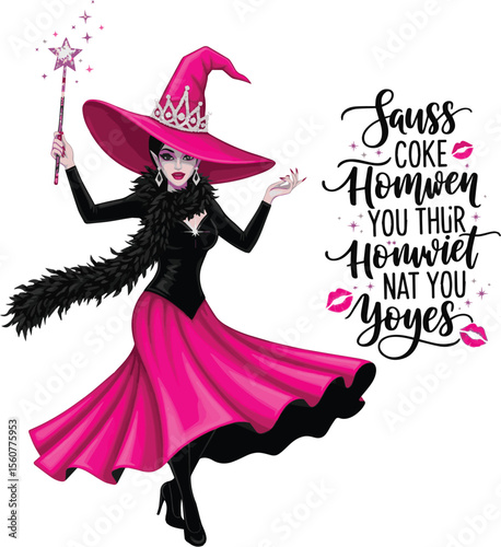 Glamorous witch with pink hat and wand Halloween magic