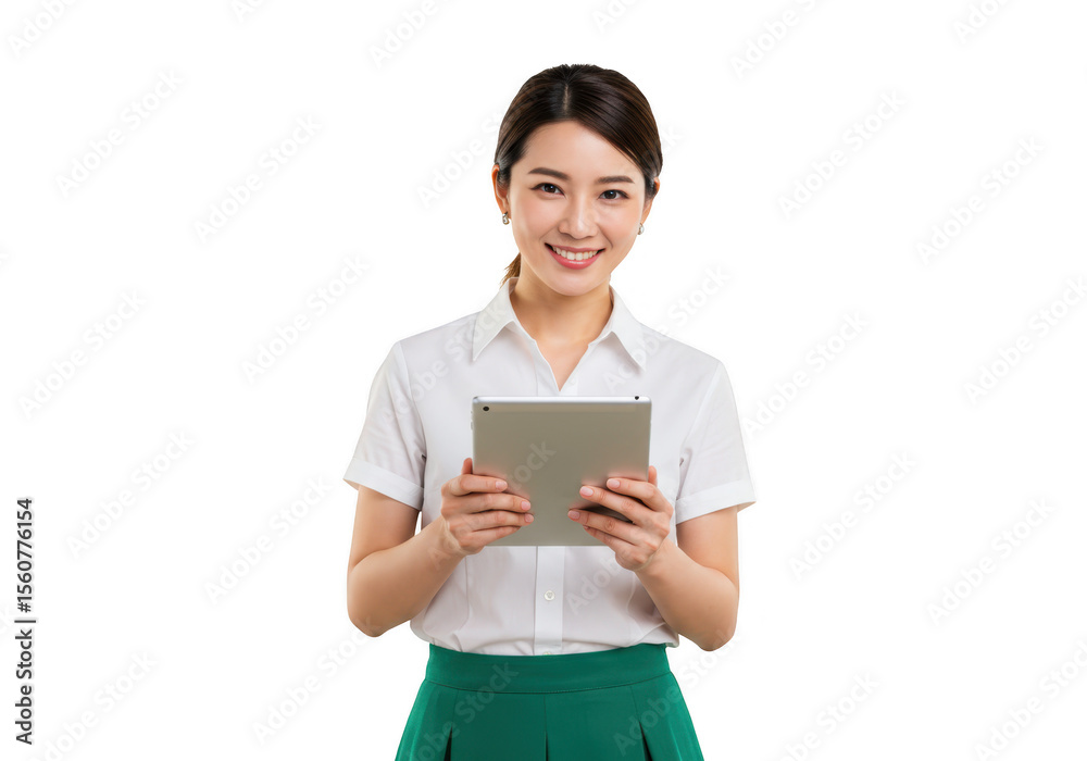 Young asian woman holding a tablet computer smiling isolated on transparent background Young asian woman holding a tablet computer smiling isolated on transparent background