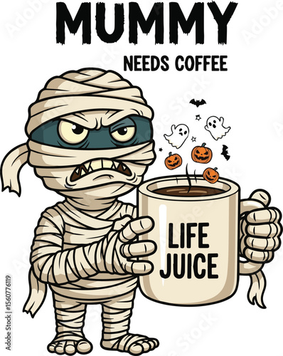 Grumpy mummy holding coffee mug with spooky Halloween elements ghost