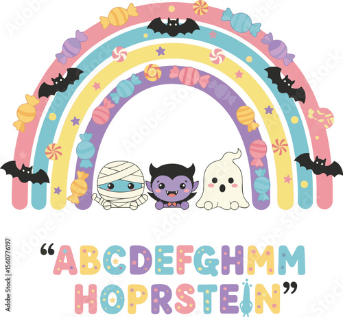 Halloween characters and alphabet with candy rainbow mummy vampire