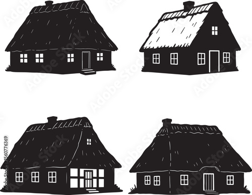 Thatched Roof House Old Farmhouse Silhouette vector illustration