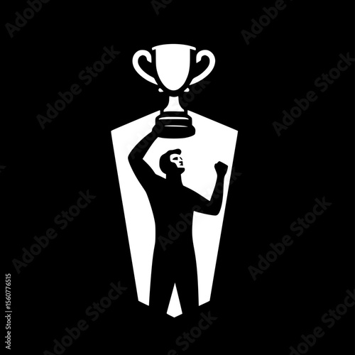 Bold silhouette of a figure lifting a trophy, symbol of achievement and ambition.