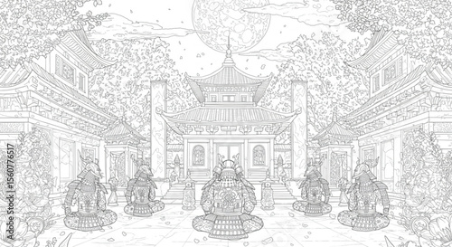 Serene Asian Temple Courtyard Intricate Line Art Illustration