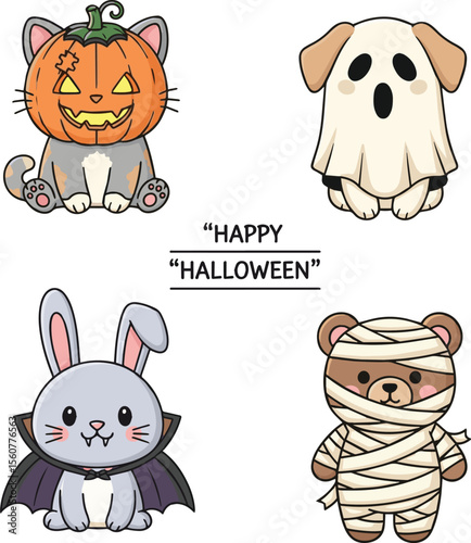 Halloween themed animals dressed as spooky characters pumpkin ghost