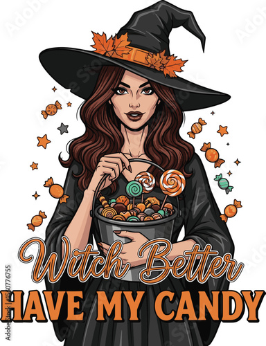Halloween witch holding bucket of candy and wearing autumn leaves on hat lollipops