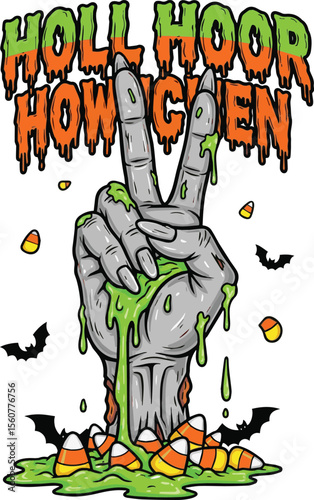Halloween zombie hand peace sign with dripping slime and candy corn vector