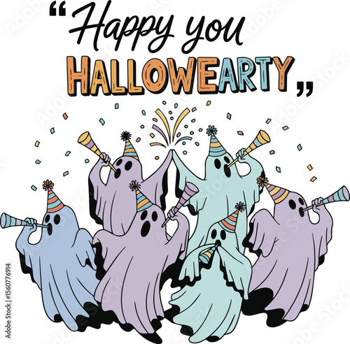 Happy Halloween Party Ghosts Blowing Party Horns blowing horns confetti