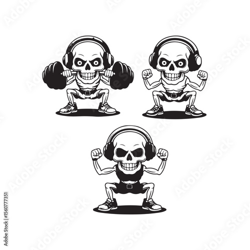 Silhouette cartoon skeleton doing squats with headphones and dumbbells isolated on white background