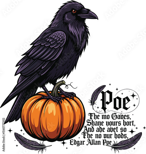 Raven perched on pumpkin with Edgar Allan Poe quote and feathers crow black bird