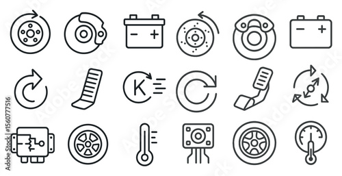 Set of icons for car maintenance and repair. The icons include a tire, a battery, a brake, a steering wheel, and a speedometer