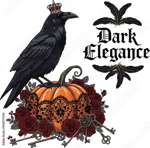 Regal raven with ornate pumpkin surrounded by dark roses and antique keys crown