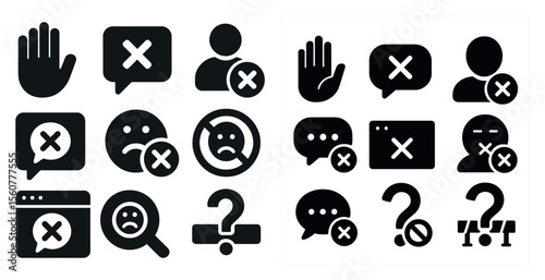 Set of black and white icons, including a hand, a face, and a question mark. The icons are all black and white, and they convey a sense of negativity or uncertainty. The hand icon is a thumbs down