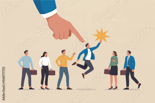 Flat cartoon vector illustration of a giant hand pointing at a man reaching for a star isolated on transparent background