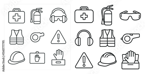 Set of safety symbols and signs. The symbols include a first aid kit, a fire extinguisher, a whistle, and a pair of safety goggles. Scene is one of caution and preparedness for potential hazards