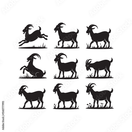 Collection of black goat silhouettes in various poses isolated on white background