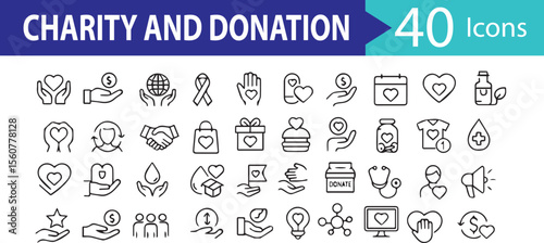 Charity & Donation Line Style Web Icons -Volunteering, Help, Care, Solidarity, Alms, Donate, Support & More | Editable Stroke