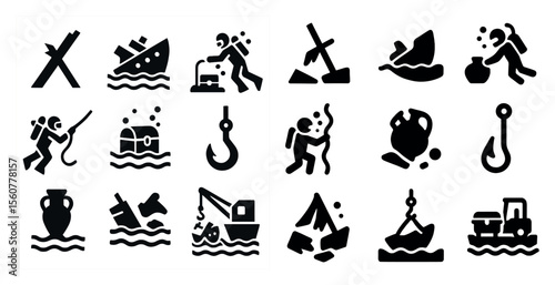 The image is a collection of various icons, including a man in a diving suit, a man holding a fishing rod, a man holding a rope, a man holding a knife, a man holding a gun, a man holding a boat, a man