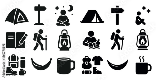 Collection of icons for camping and outdoor activities. The icons include a tent, a backpack, a book, a cup, a sleeping bag, a lantern, a backpack, a person sitting, a person standing
