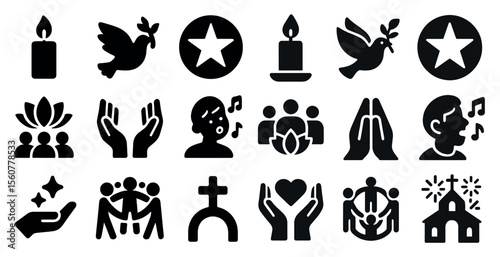 Collection of icons that represent different religious and spiritual concepts. The icons include a cross, a star, a candle, a dove, a person praying, and a person holding hands