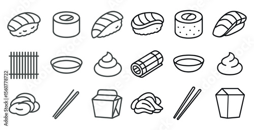 Collection of food items including sushi, chopsticks, and bowls. Concept of variety and abundance