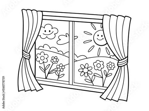 Window with curtains and flowers, coloring page. Vector black and white window clipart.