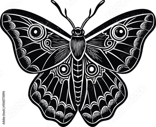 Intricate Black and White Illustration of a Moth, Detailed Wings and Body, Vector Art, Entomology Illustration,  High-Resolution Graphic