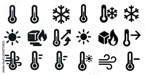 Collection of temperature icons, including a sun, ice, and fire. The icons are all black and white