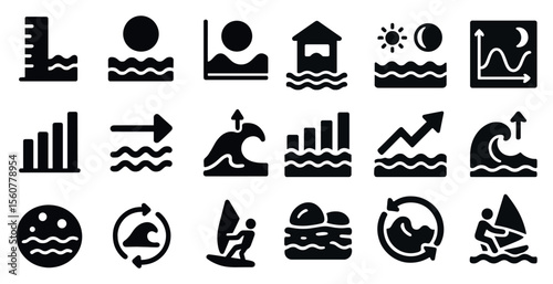 Collection of water-related icons, including a wave, a surfboard, and a person in a wetsuit