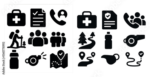 The first image shows a variety of medical and safety symbols, including a first aid kit, a bottle, a bottle opener, a whistle, a fire extinguisher, a cell phone, and a backpack
