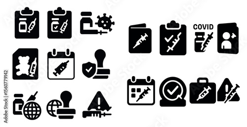Set of icons for a medical clinic. The icons include a calendar, a syringe, a bottle, a folder, a person, and a box