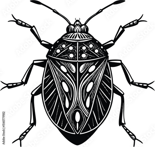 Intricate Black and White Illustration of a Stink Bug Detailed Vector Art of an Insect