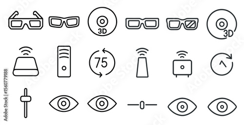 Set of icons for technology and entertainment, including a pair of glasses, a computer, a CD, a DVD, a remote control, a clock, and a pair of 3D glasses