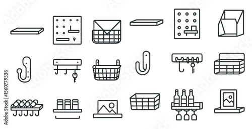 Collection of items that are related to home organization and storage. The items include shelves, baskets, bottles, and a picture. Scene is that of a well-organized and tidy home