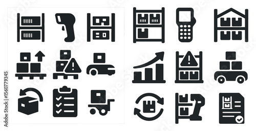 The image is a collection of various icons representing different aspects of a warehouse or a shipping facility. The icons include a forklift, a pallet jack, a barcode scanner, a calculator