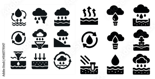 The first image shows a series of water-related icons, including a water filter, a water pump, and a water spout. The second image shows a similar set of icons, but with a focus on the water cycle
