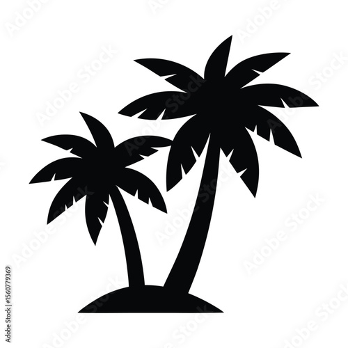 A black silhouette of two palm trees on a small mound of land.