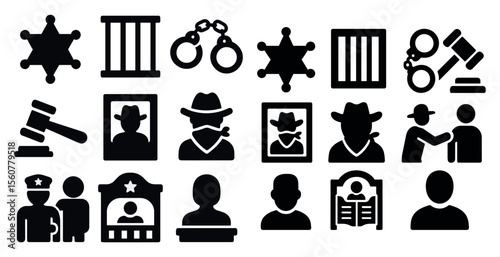 Collection of black and white icons for law enforcement and courtrooms. The icons include a police officer, a judge, a jailer, a bailiff, a prison guard, a prison guard, a judge, a bailiff