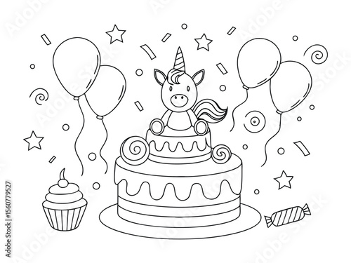 Unicorn birthday cake coloring page for kids. A black and white coloring page featuring a whimsical unicorn cake with a fun