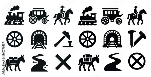 Collection of black and white icons depicting various modes of transportation and tools. The icons include a train, a horse and buggy, a train car, a train engine