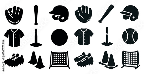 Collection of sports icons and equipment. The icons include a baseball bat, baseball glove, baseball helmet, and a baseball. Scene is that of a sports-themed collection