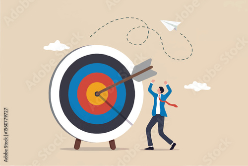 Business man celebrating hitting target with arrow isolated on transparent background