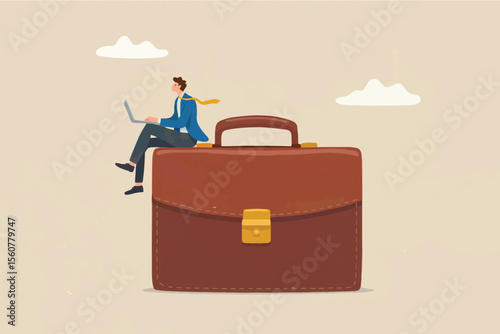 Man sitting on a briefcase using a laptop isolated on transparent background