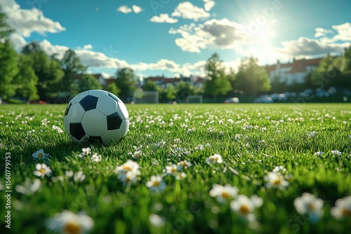 A classic white and black soccer ball lying on a vibrant green football field, ready for action. Game concept and the excitement of the upcoming match. Copy space