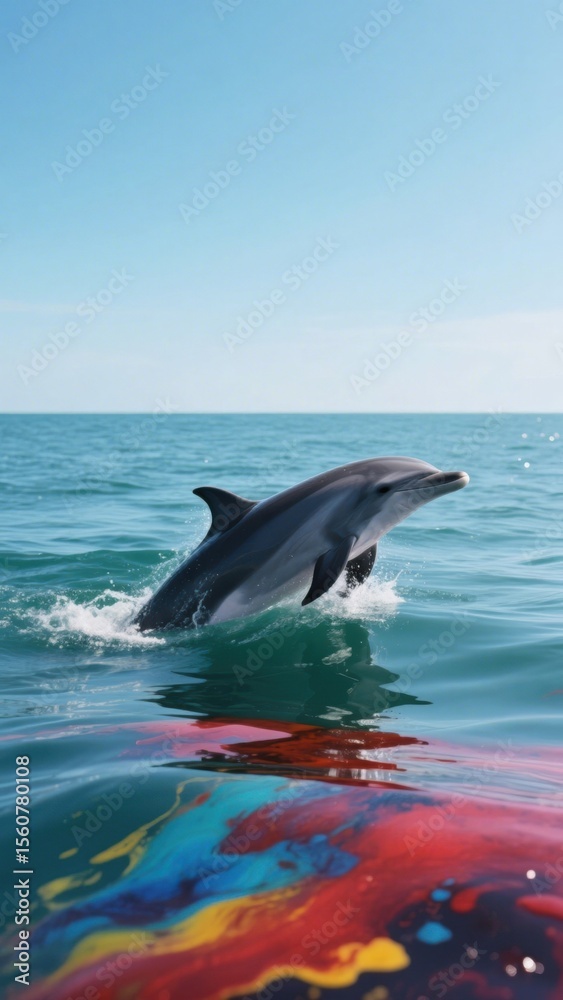 Fototapeta premium A playful dolphin leaps out of the clear ocean water against a bright blue sky, reflecting colorful patterns in the foreground, showcasing marine life and underwater beauty .