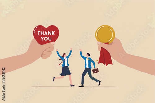 Flat cartoon vector illustration of two hands giving a thank you heart and a medal to two happy employees isolated on transparent background