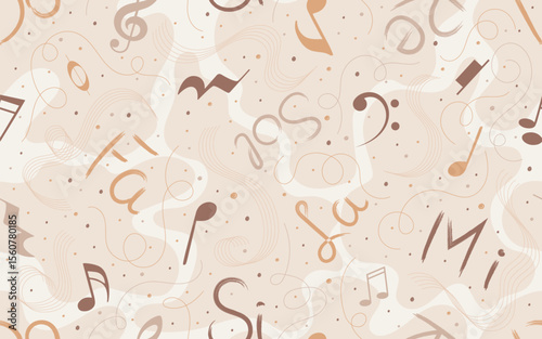 Musical seamless pattern. Beige backround with musical notes, solfège syllables and swirling lines for music themed blogs, scrapbook, packaging, fabric.